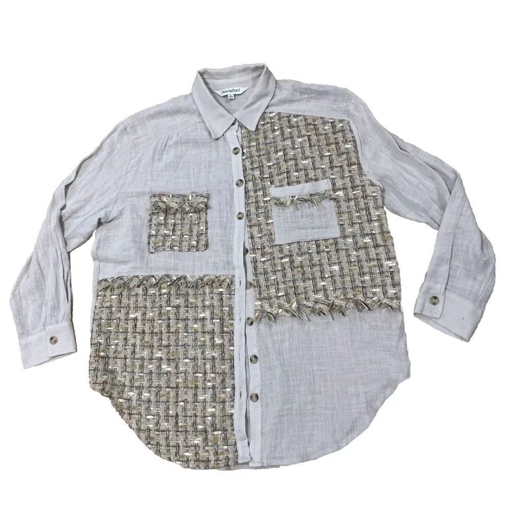DAVI & DANI Shirt M Western Frills Boho Hippie Tan Crochet Oversize M